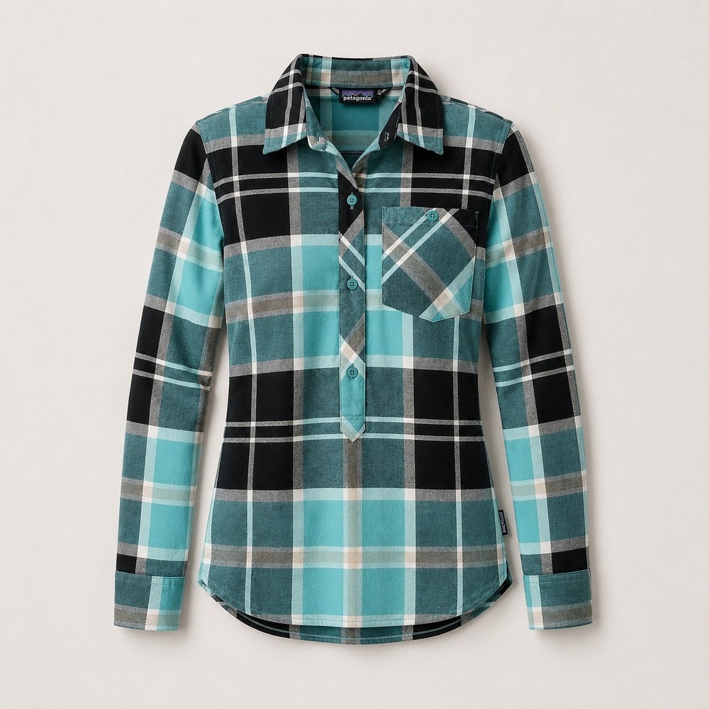 Patagonia Featherstone Tunic Women's XS Teal Plaid Organic Cotton Hiking Shirt